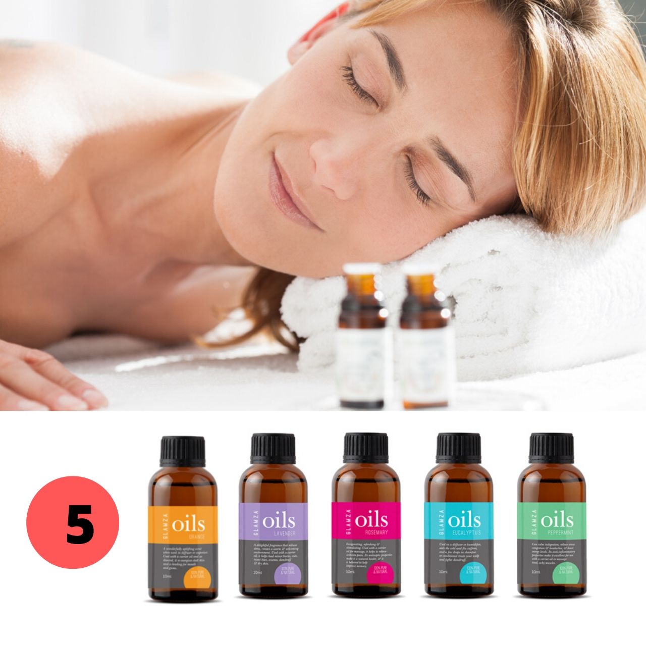 Glamza essential oil 10ml x 5 set (lavander, orange, peppermint, euc, rosemary)