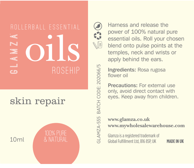 Glamza Premium Essential Oils 10ml Roll On - 100% Pure Lavender, Orange, Peppermint, Eucalyptus, Rosemary, Rosehip.