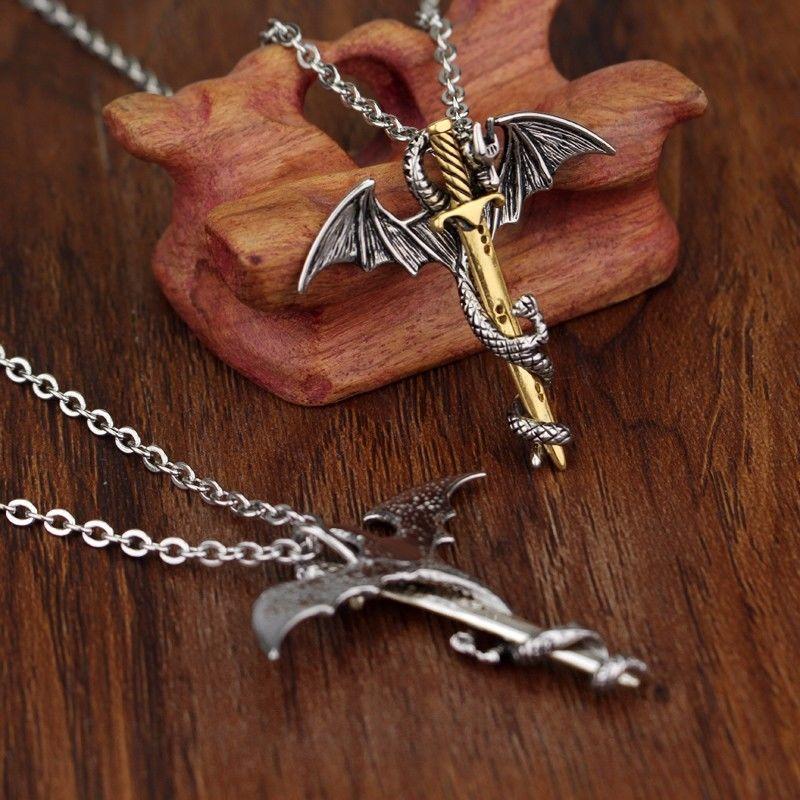 Game of Thrones Inspired Gold Sword Silver Dragon Necklace