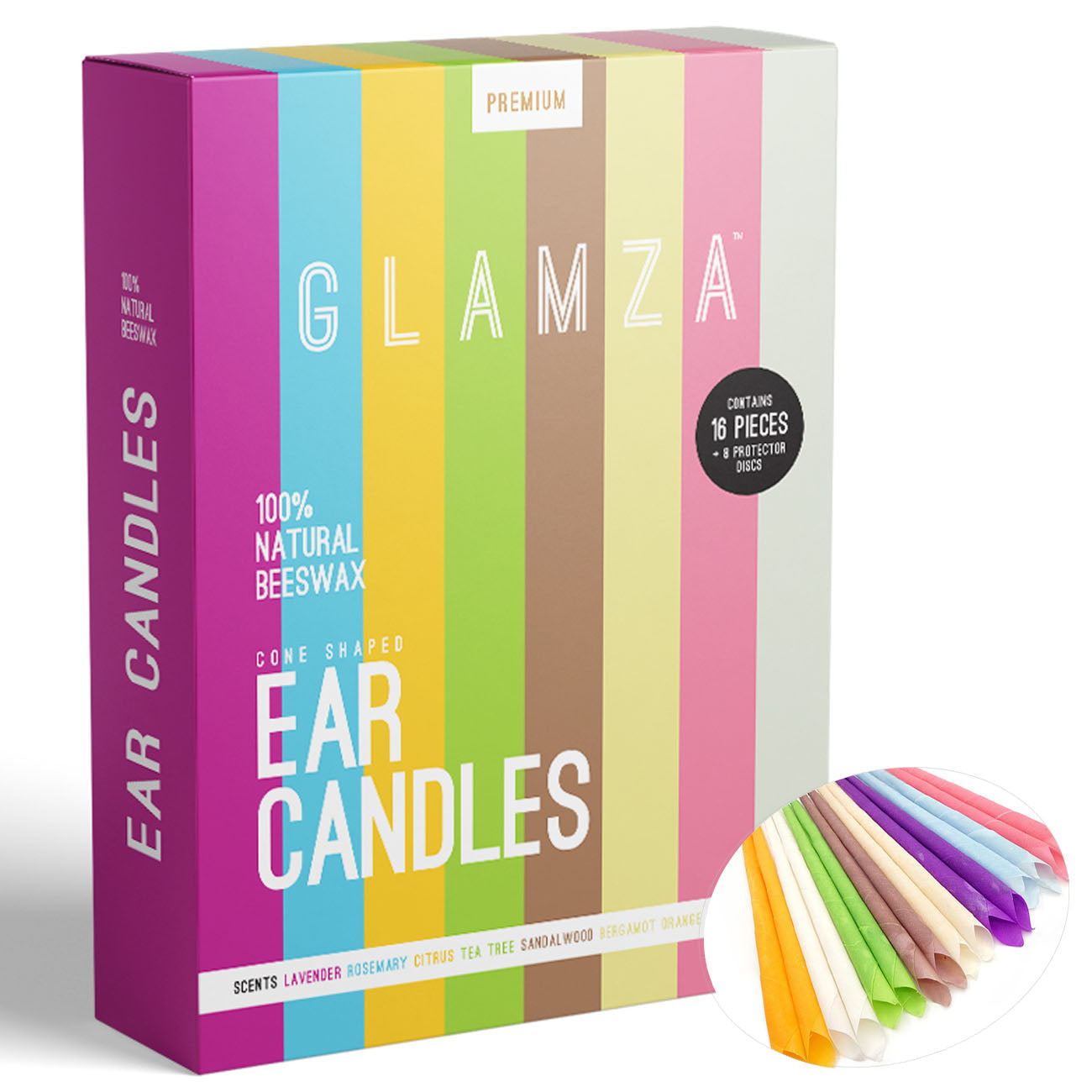 Glamza Premium Ear Candles - 16 Candles with Ear Protection Discs