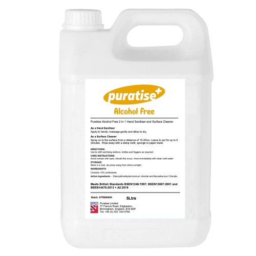 Puratise 5 Litre ALCOHOL FREE 2 in 1 Hand Sanitiser and Surface Cleaner