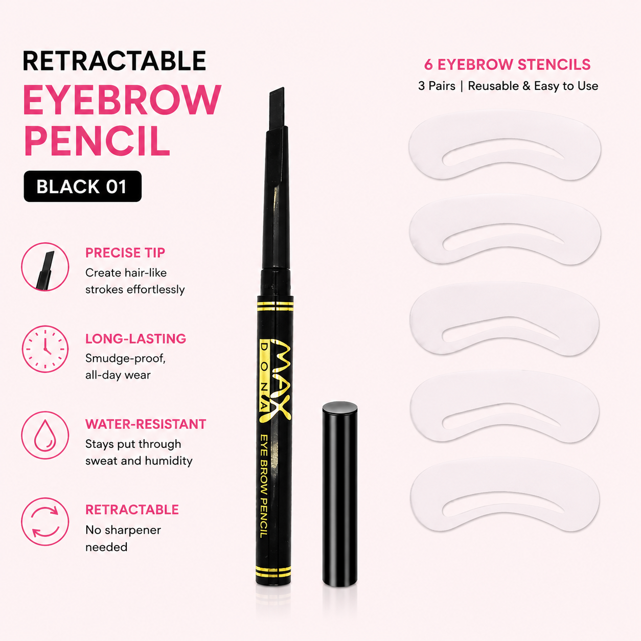 Maxdona Professional Retractable Eyebrow Pencils - Black Case