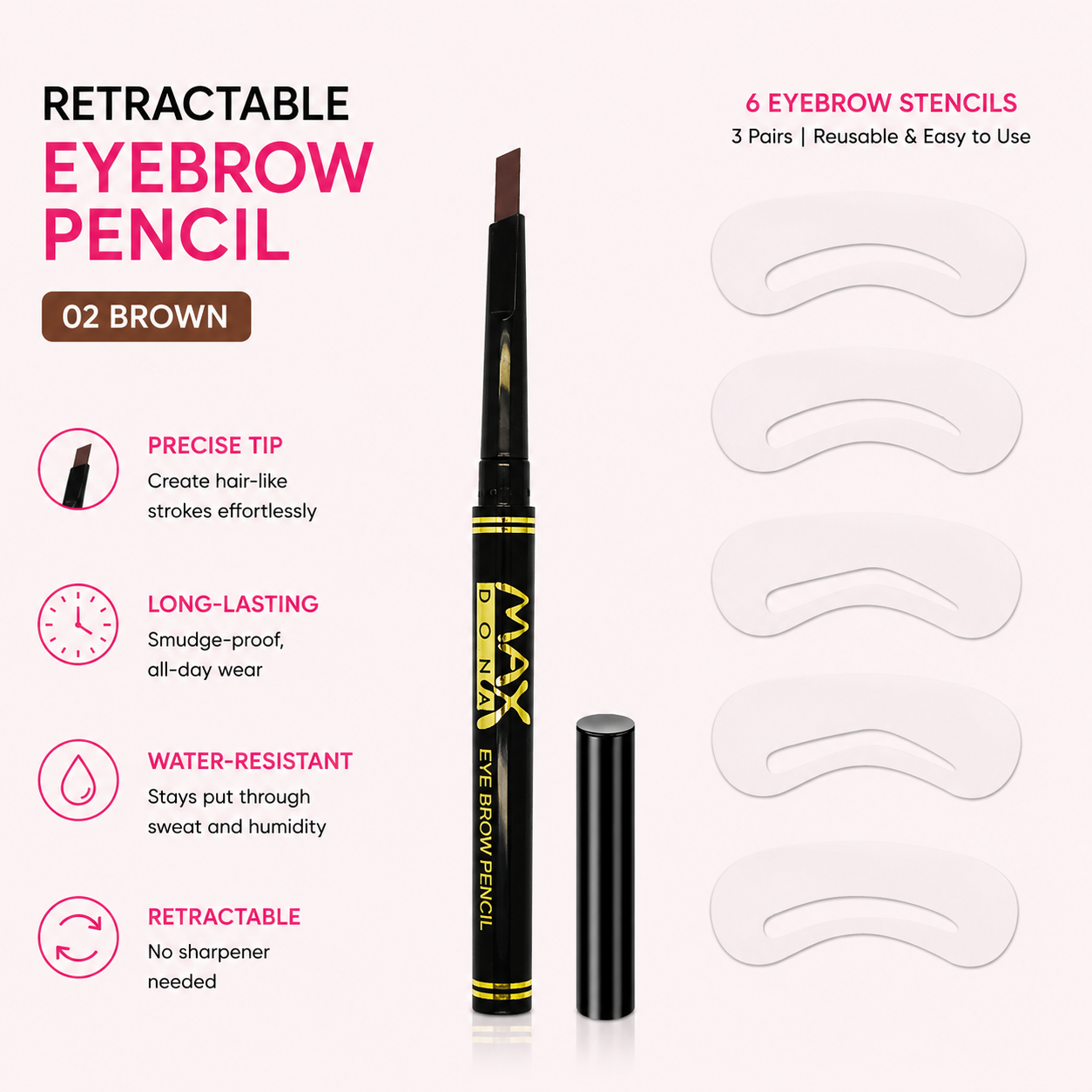 Maxdona Professional Retractable Eyebrow Pencils - Black Case