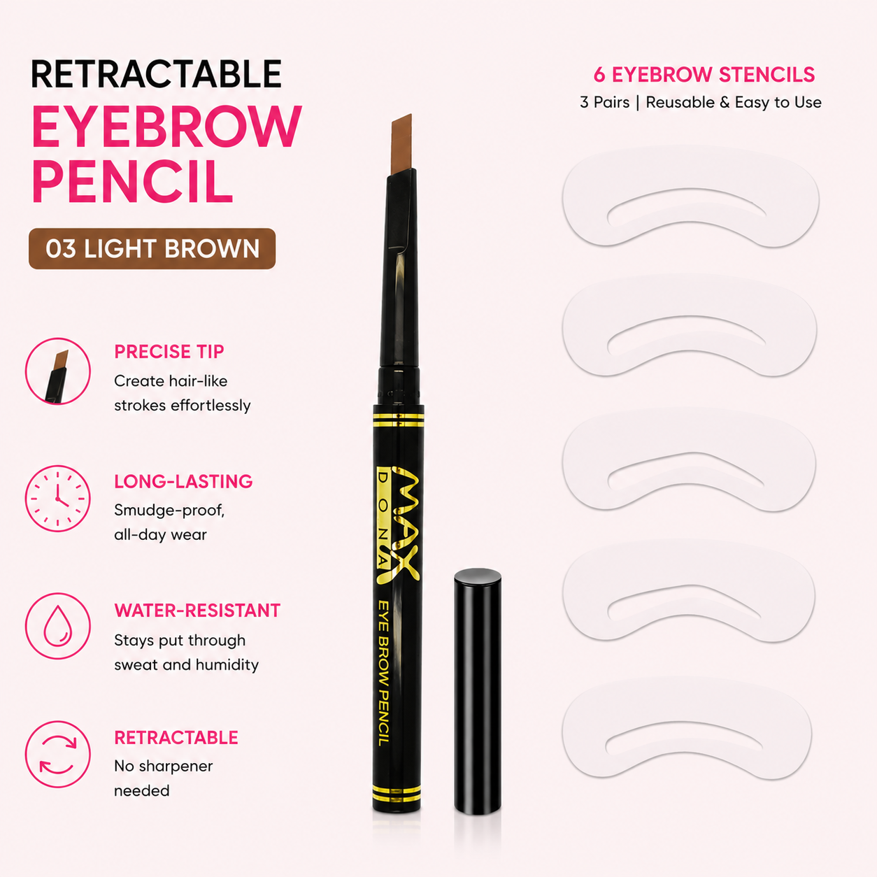 Maxdona Professional Retractable Eyebrow Pencils - Black Case