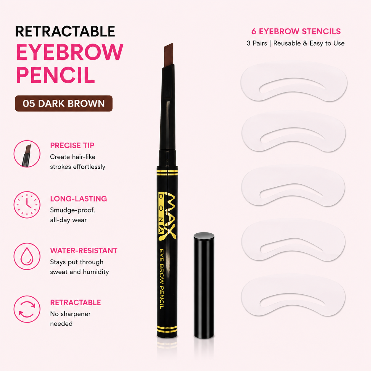 Maxdona Professional Retractable Eyebrow Pencils - Black Case
