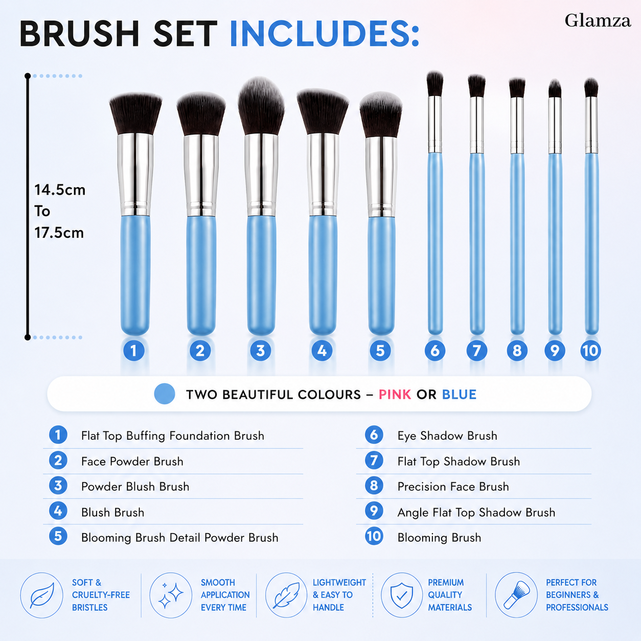 Glamza 10pc Makeup Brush Set – Blue