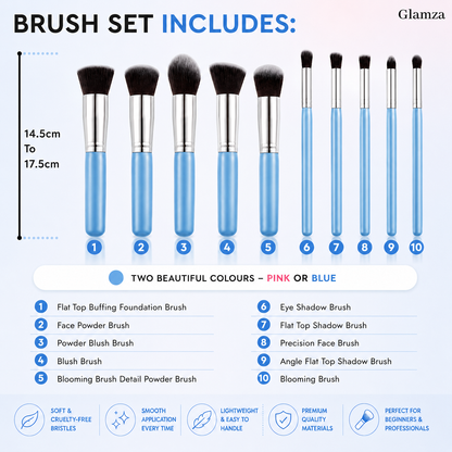 Glamza 10pc Makeup Brush Set – Blue