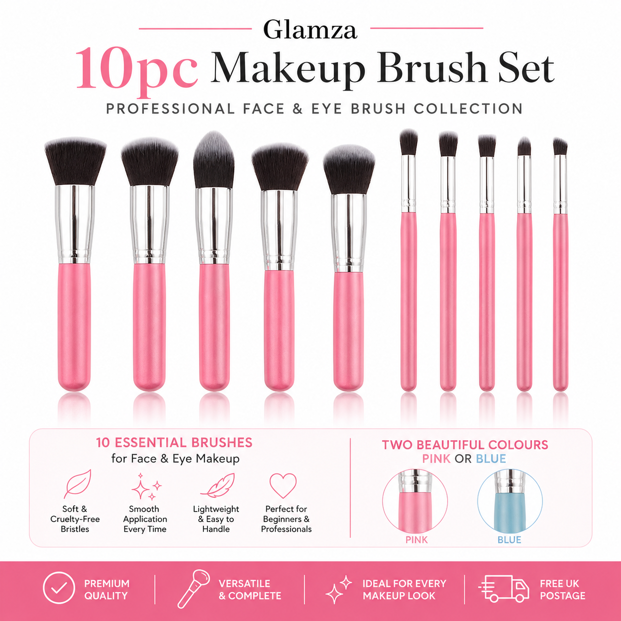 Glamza 10pc Brush Set - Pink