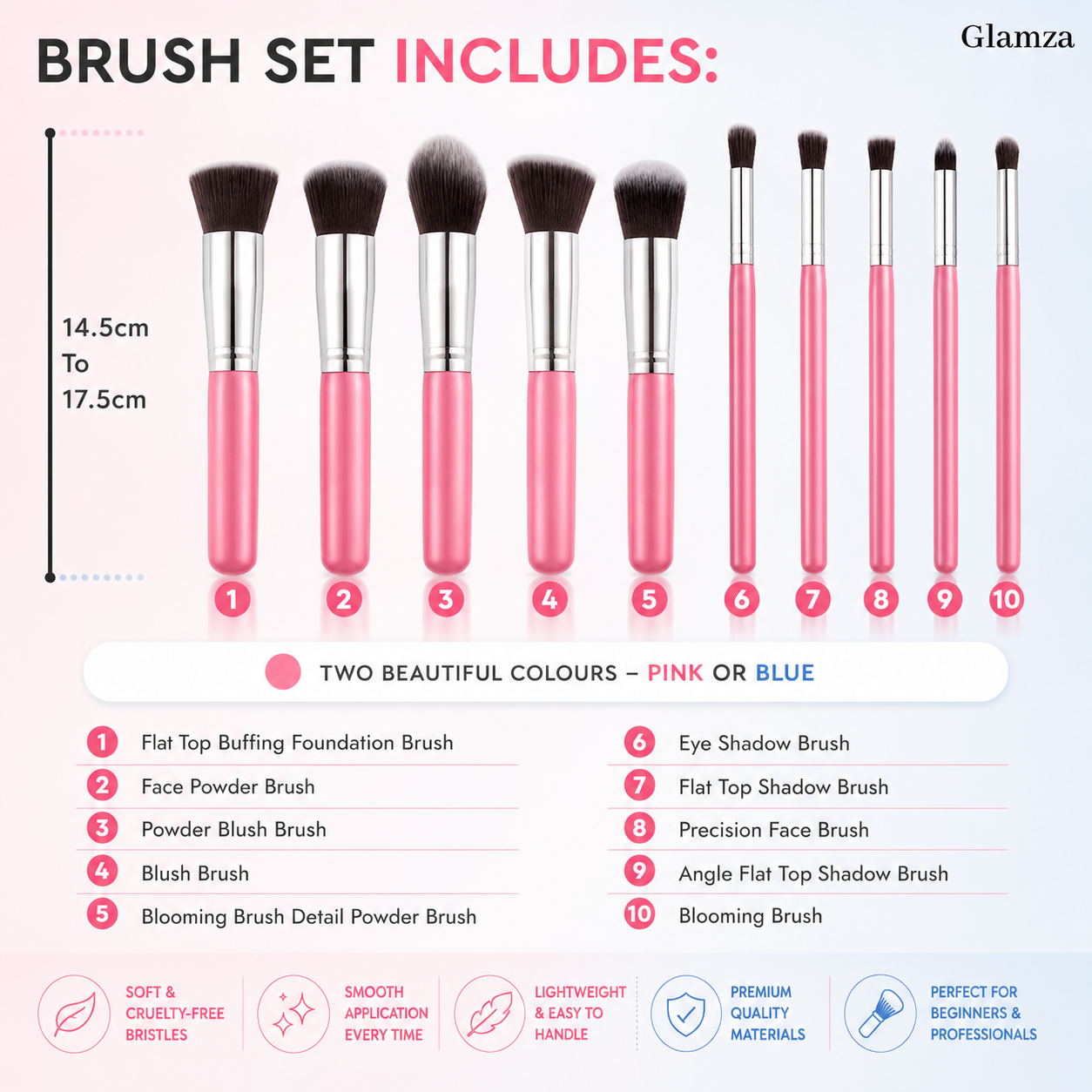 Glamza 10pc Brush Set - Pink
