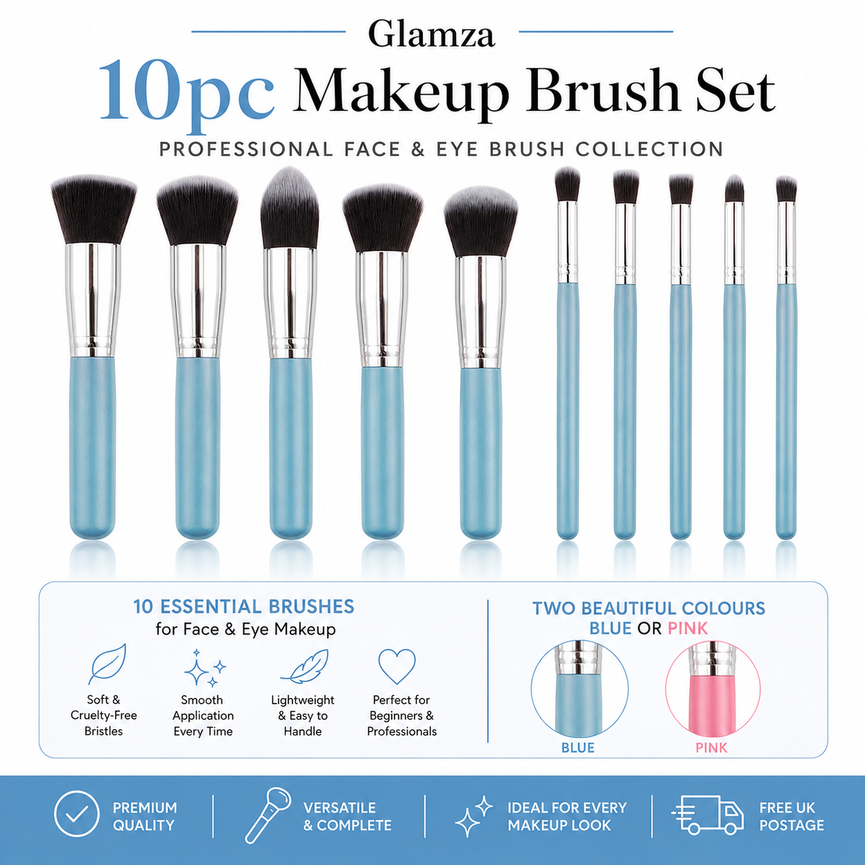 Glamza 10pc Makeup Brush Set – Blue