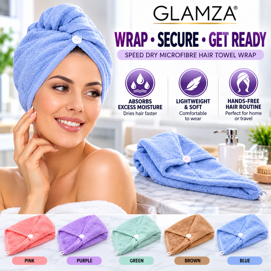 Glamza Speed Dry Adult Size Microfibre Hair Towel Wrap – Quick Dry Hair Towel
