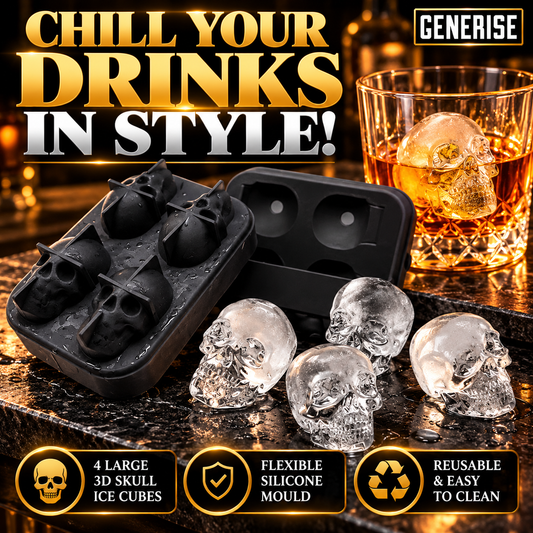 Generise 3D Skull Ice Cube Tray – Silicone Ice Mould, 4 Large Skull Ice Cubes – Black
