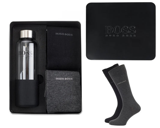 Hugo Boss Gift Set - 2 Pairs Mens Socks UK SIZE 6-11 (Grey and Black) with Water Bottle