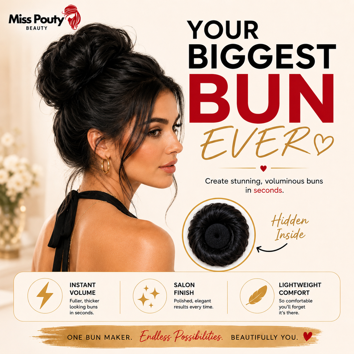 Miss Pouty Hair So Hair Bun Maker in Black – Large Donut Hair Bun Shaper 5 Inch