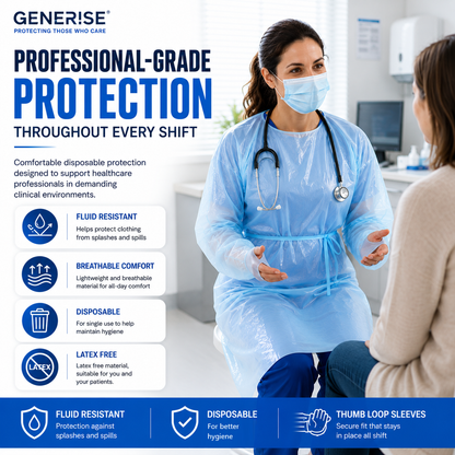 Disposable Waterproof Isolation Gowns with Thumb Loops | Blue Embossed CPE | Waterproof PPE | Hospitals, Care Homes, Dental & Home Use