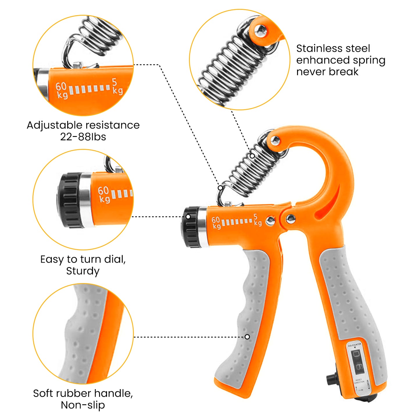 Generise Adjustable Hand Grip with Counter- 5kg - 60kg- Orange