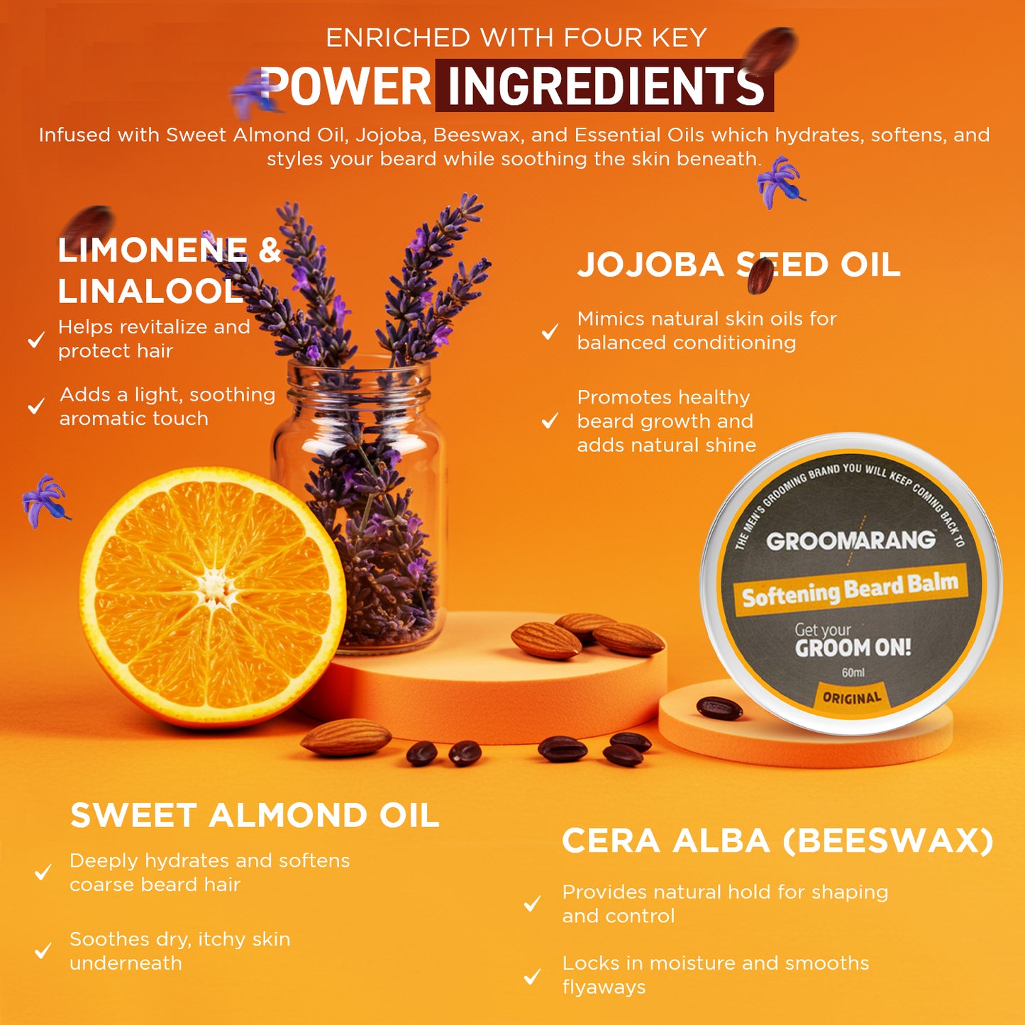 Groomarang Softening Beard Balm 60ml - Enriched with Sweet Almond Oil, Jojoba, Limonene & Linalool