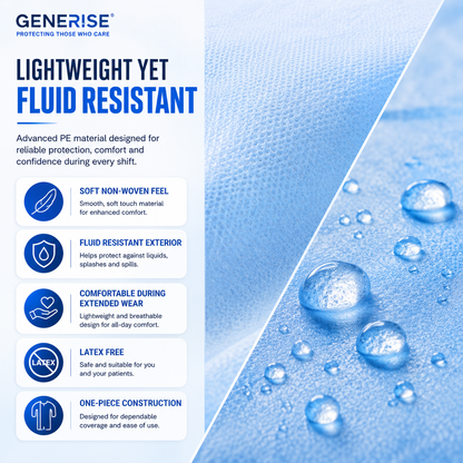 Disposable Waterproof Isolation Gowns with Thumb Loops | Blue Embossed CPE | Waterproof PPE | Hospitals, Care Homes, Dental & Home Use