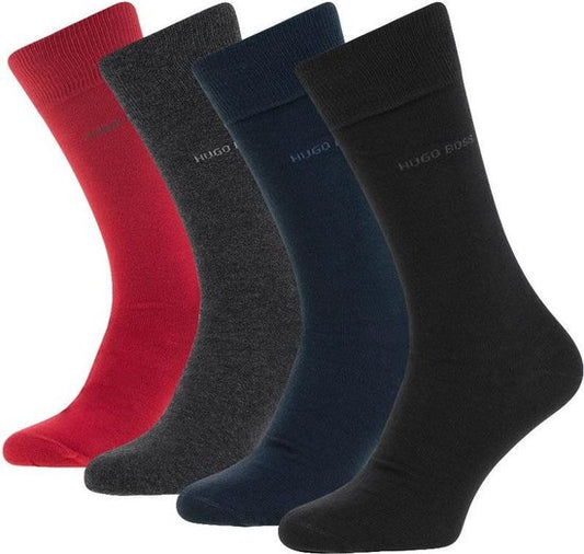 Hugo Boss Gift Set Gift Box 4 (Mixed Black, Blue, Grey, Red) Pairs Mens Socks US 7-13, EU 40-46, UK 6-11