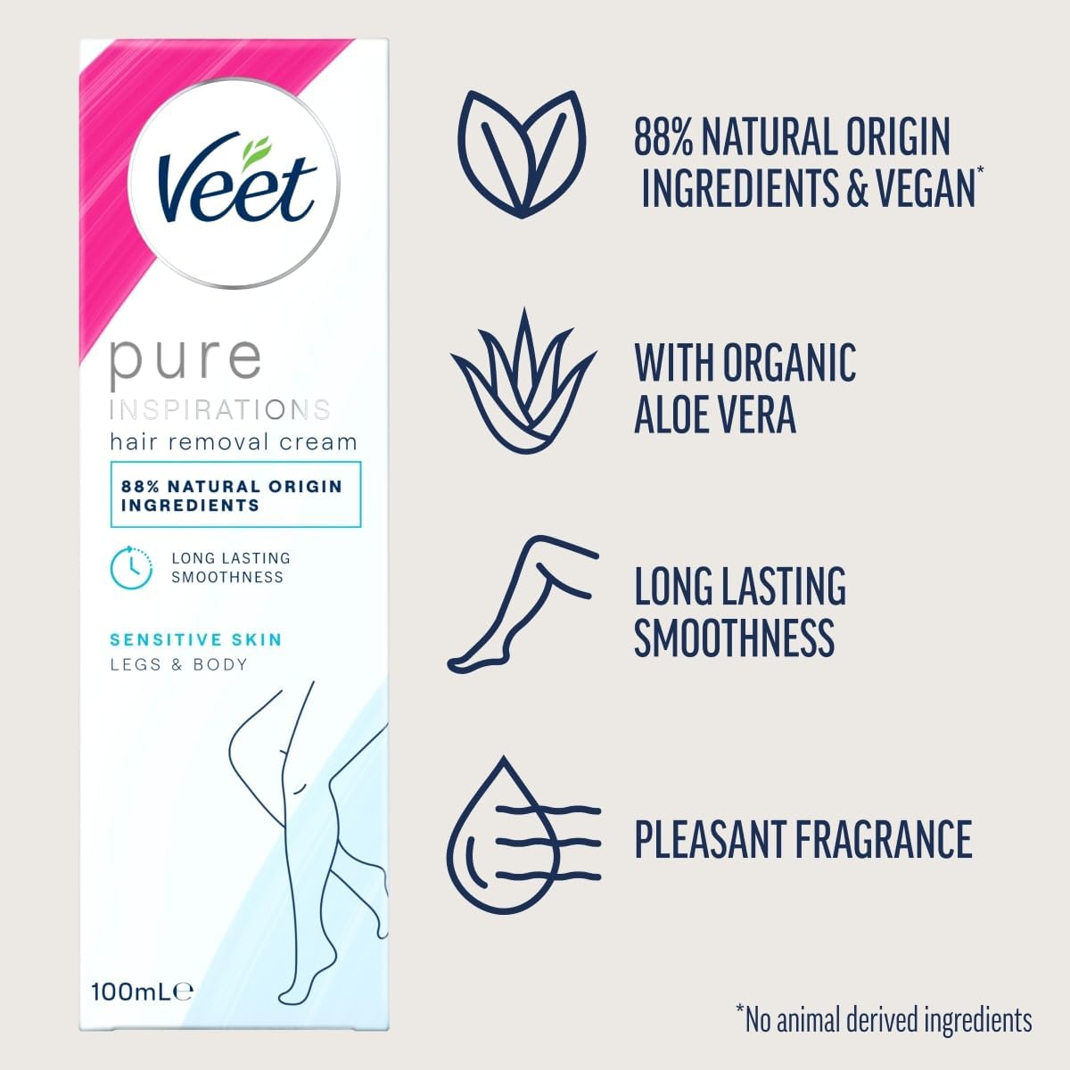 Veet Pure Inspirations Hair Removal Cream for Sensitive Skin, for Legs and Body, 100ml