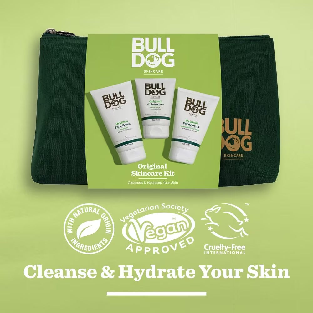 Bulldog Original Skincare Kit For Men 4pc (Washbag, 150ml Face Wash, 100ml Moisturiser, 125ml Scrub)