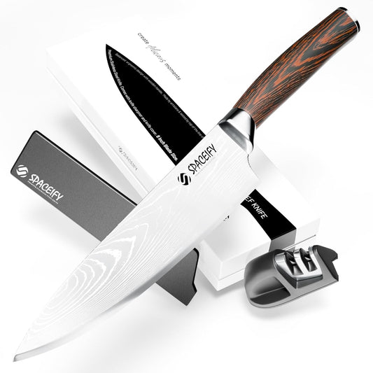 Spaceify 8 Inch Chef Knife - Rustproof Food-Grade German Stainless Steel Blade - Anti-Tarnish Chrome Finish, Ergonomic 5" Pakkawood Handle - Kitchen Knife with Sharpener, Sheath, Gift Box