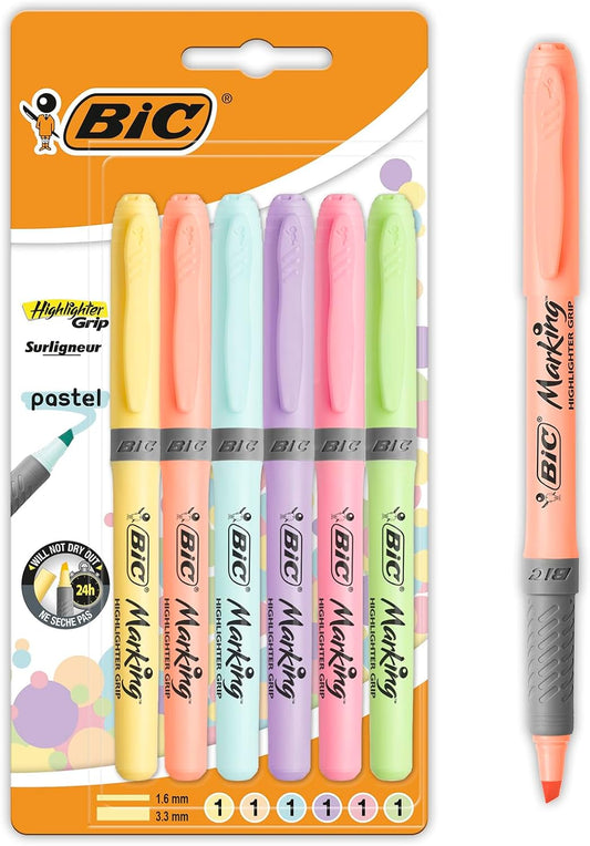 BIC 9943791 Highlighter Grip Permanent Markers Pastel Colours - Blister Pack of 6