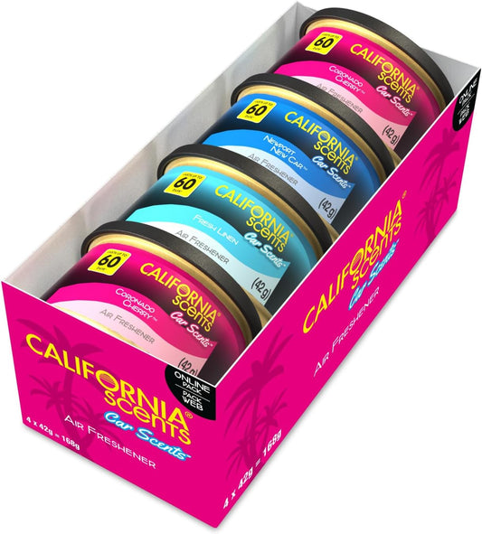 California Scents, Car Air Fresheners Can, Assorted Scents, Pack of 4, Strong Adjustable Long-Lasting Fragrance, Eliminates Odour