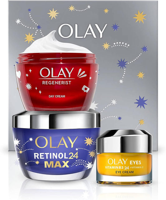 Olay Moisturiser Gift Box, Womens Skin Care Gift Sets & Kits, Vitamin C + AHA 24 Eye Cream 15ml, Retinol 24 MAX Night Cream 50ml & Regenerist Face Cream 50ml for Smooth & Glowing Skin