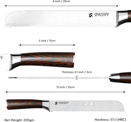 Spaceify 8 inch Serrated Bread Knife, Ultra Sharp High Carbon Stainless Steel with a Knife Protector