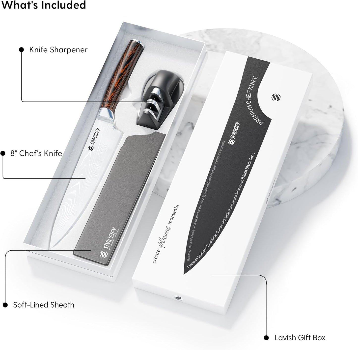 Spaceify 8 Inch Chef Knife - Rustproof Food-Grade German Stainless Steel Blade - Anti-Tarnish Chrome Finish, Ergonomic 5" Pakkawood Handle - Kitchen Knife with Sharpener, Sheath, Gift Box
