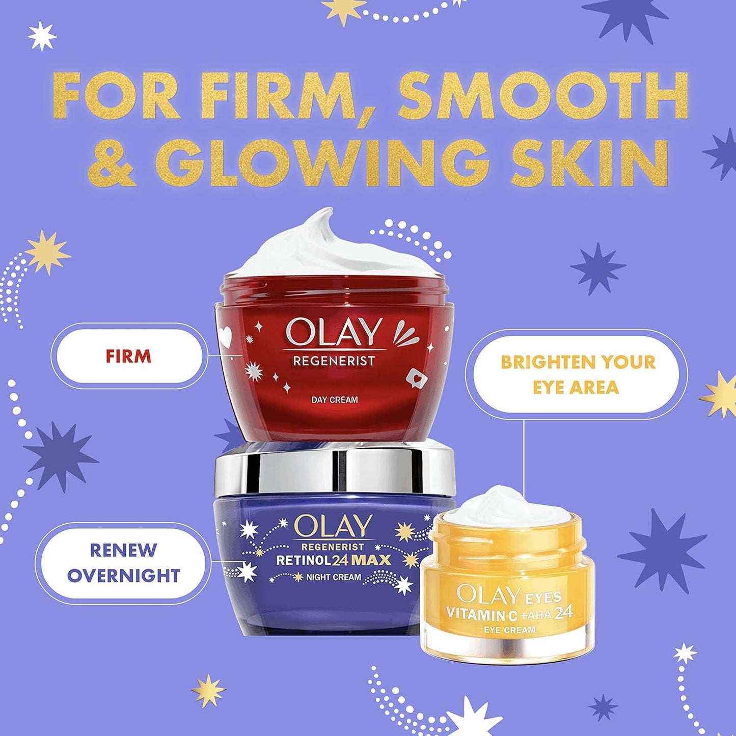 Olay Moisturiser Women's  Skin Care Gift Box: Eye Cream 15ml, Retinol 24 MAX 50ml & Regenerist Face Cream 50ml