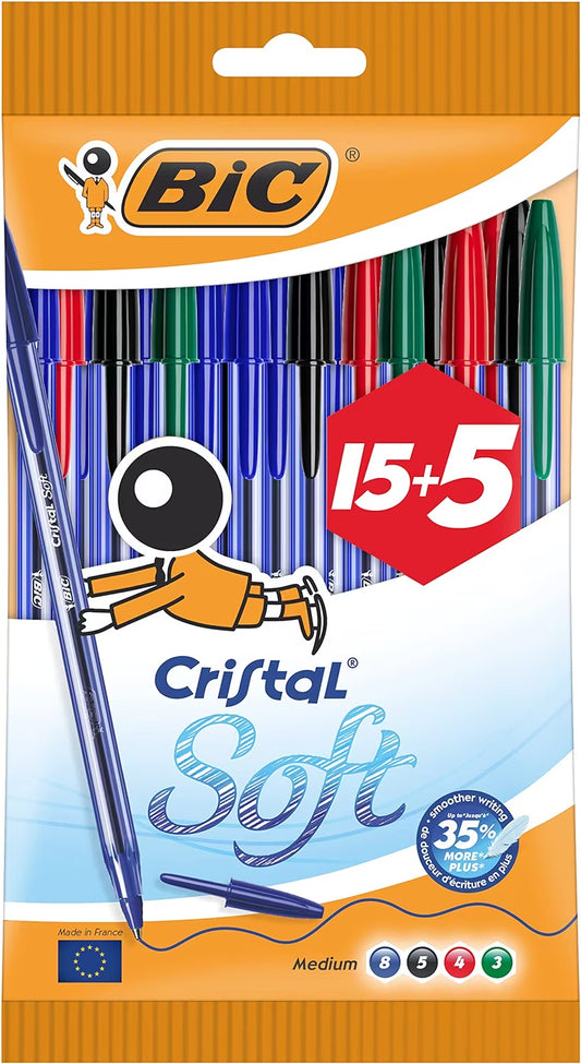 Bic Cristal Soft Ballpoint Pens Medium Tip (1.2 mm) Assorted Colours, Pack of 15 + 5,Black / Blue / Red / Green