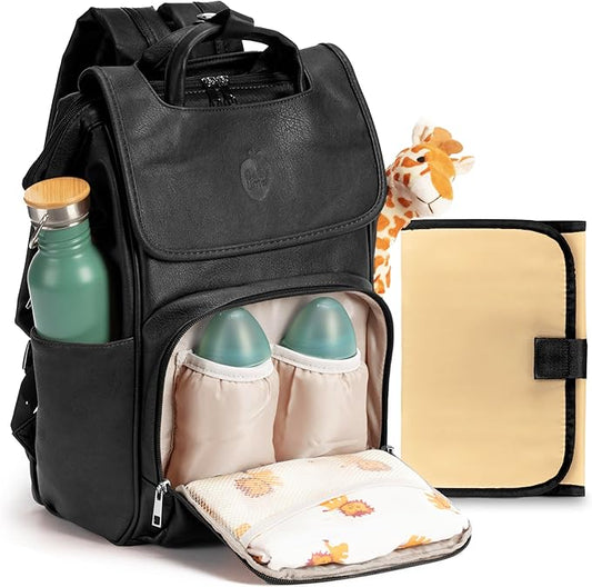 Baby Uma Award Winning Baby Changing Bag Backpack- Black Leather
