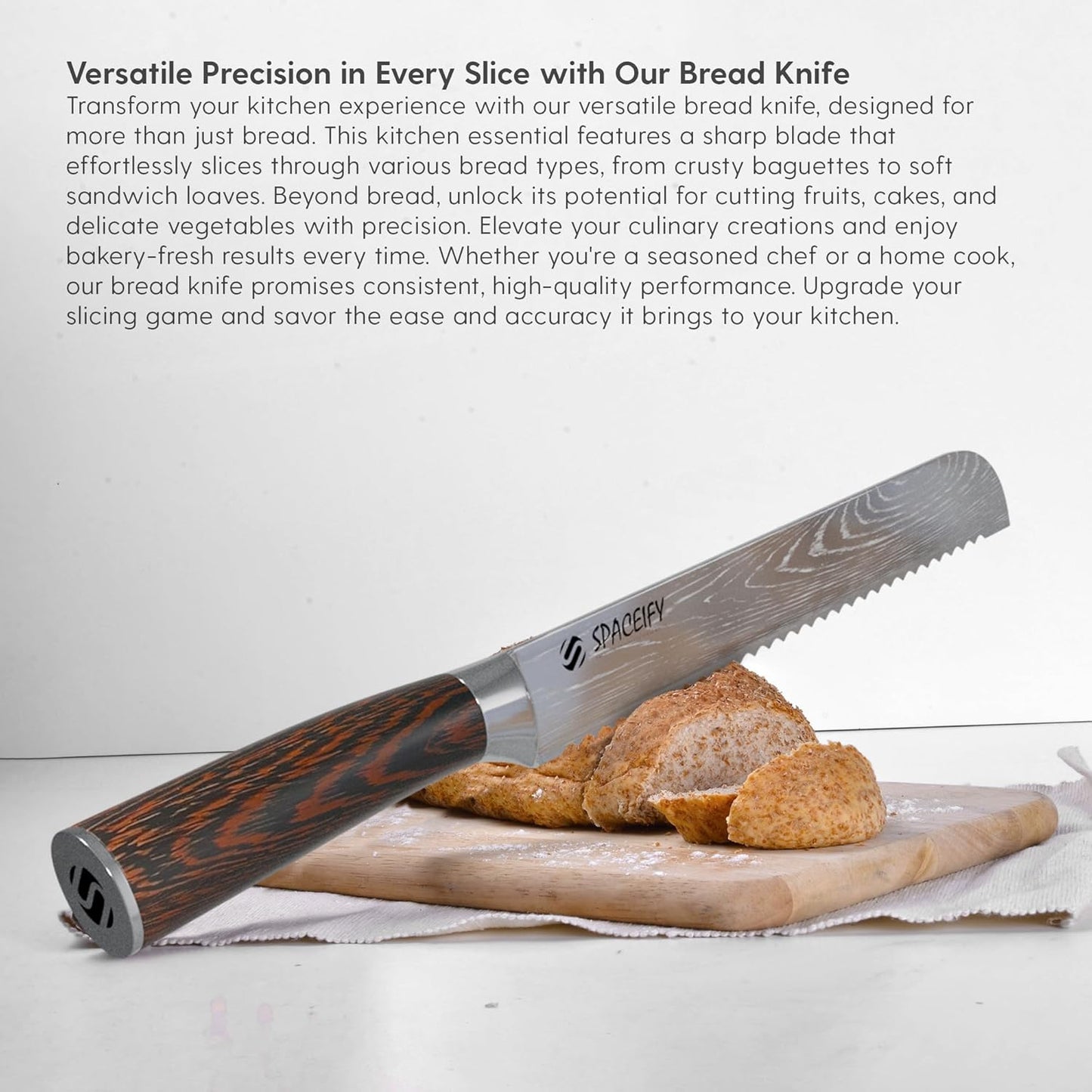 Spaceify 8 inch Serrated Bread Knife, Ultra Sharp High Carbon Stainless Steel with a Knife Protector