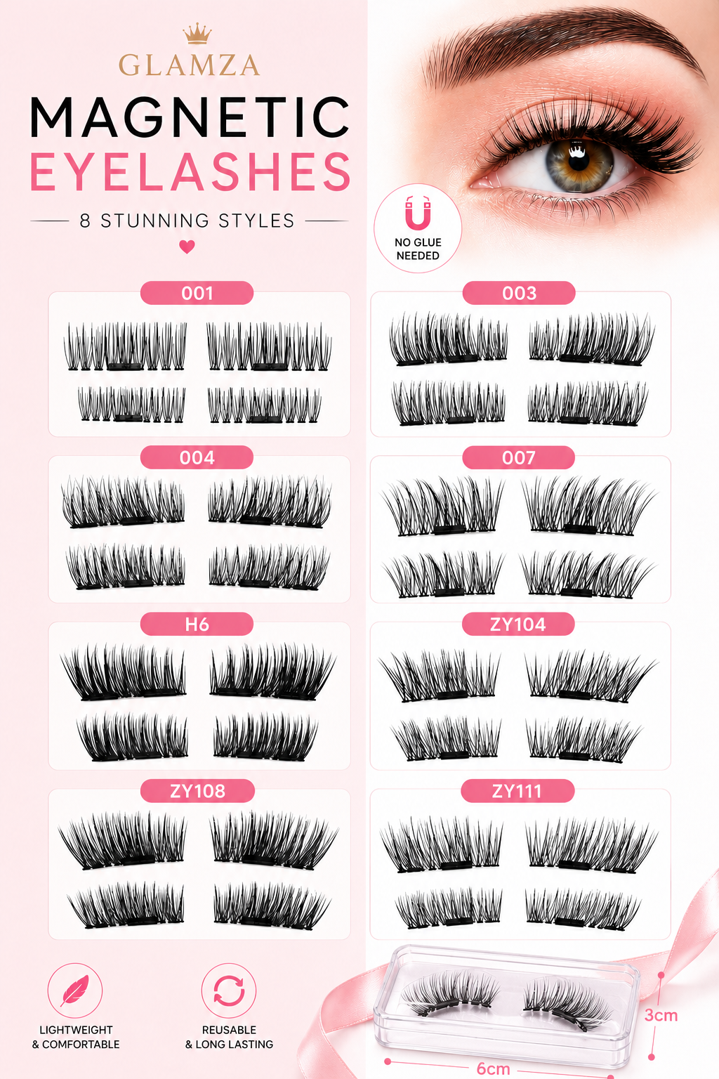 Glamza Magnetic Eyelashes – 8 Styles Available | Reusable False Lashes | No Glue Required