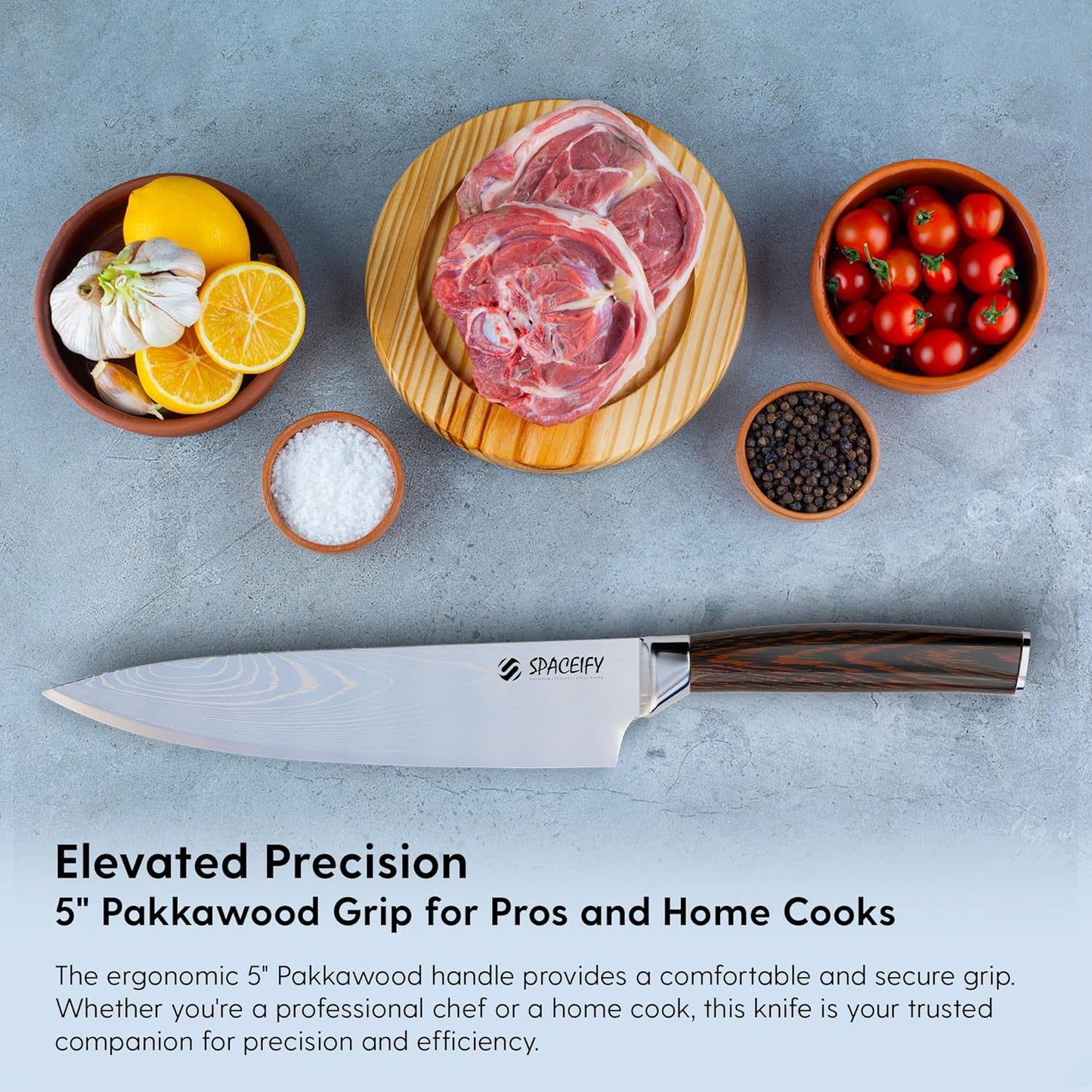 Spaceify 8 Inch Chef Knife - Rustproof Food-Grade German Stainless Steel Blade - Anti-Tarnish Chrome Finish, Ergonomic 5" Pakkawood Handle - Kitchen Knife with Sharpener, Sheath, Gift Box