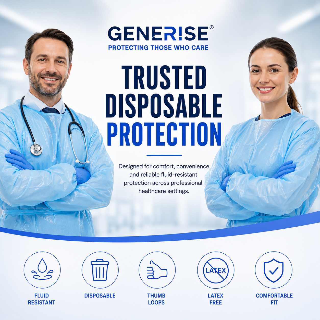 Disposable Waterproof Isolation Gowns with Thumb Loops | Blue Embossed CPE | Waterproof PPE | Hospitals, Care Homes, Dental & Home Use