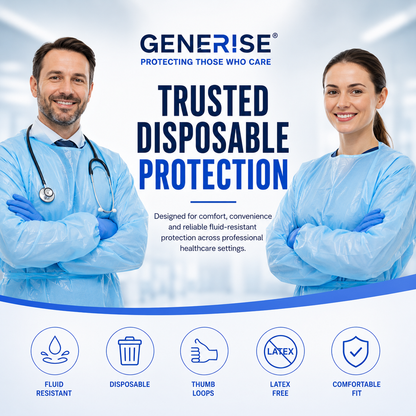 Disposable Waterproof Isolation Gowns with Thumb Loops | Blue Embossed CPE | Waterproof PPE | Hospitals, Care Homes, Dental & Home Use
