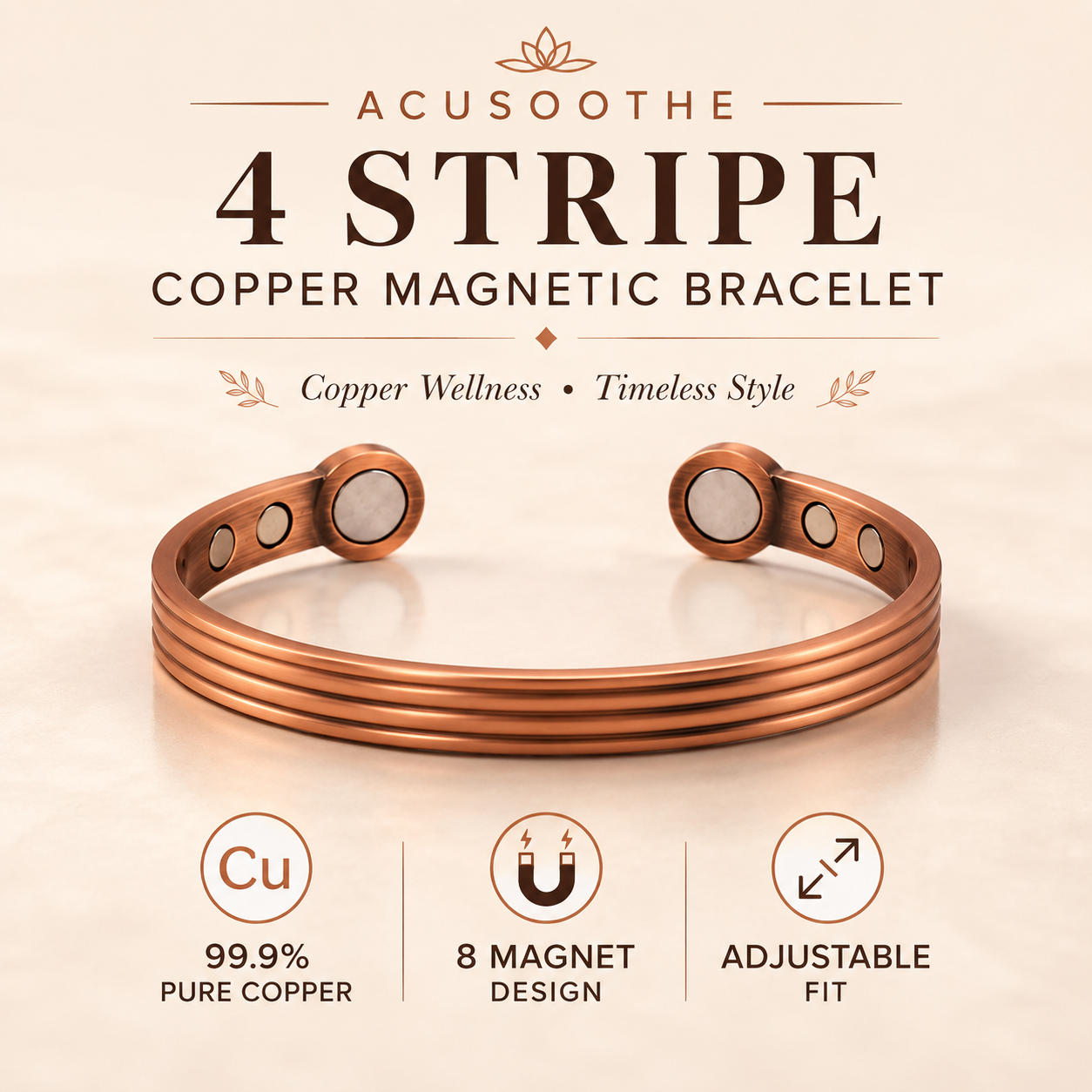 Acusoothe Copper Magnetic Bracelet for Pain Relief Therapy - 4 Stripe