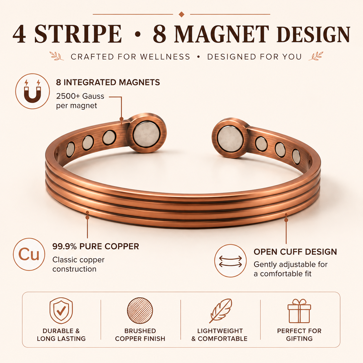 Acusoothe Copper Magnetic Bracelet for Pain Relief Therapy - 4 Stripe