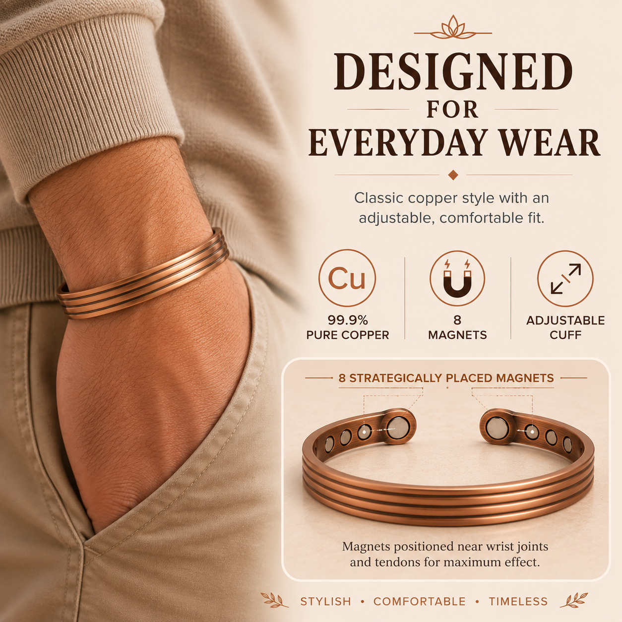 Acusoothe Copper Magnetic Bracelet for Pain Relief Therapy - 4 Stripe