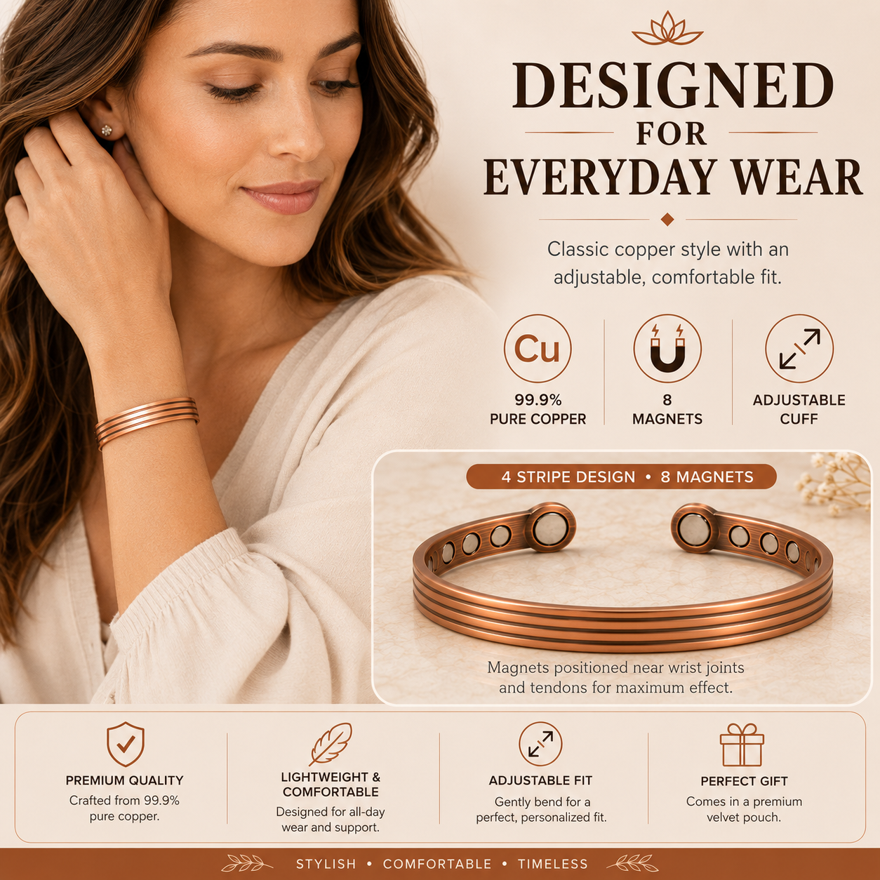 Acusoothe Copper Magnetic Bracelet for Pain Relief Therapy - 4 Stripe
