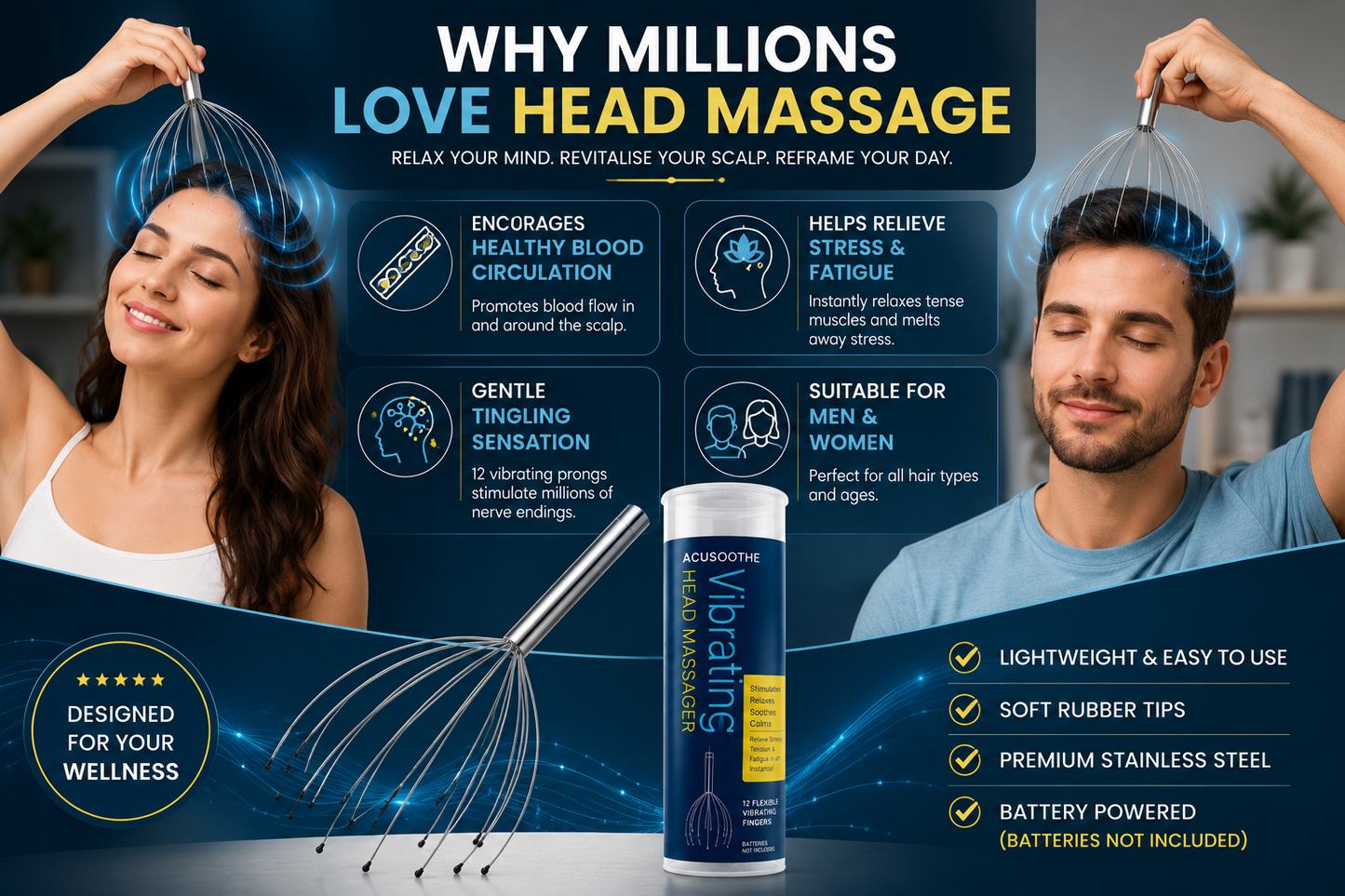 AcuSoothe Vibrating Head Massager – Electric Scalp Massager for Hair Growth, Stress Relief & Relaxation