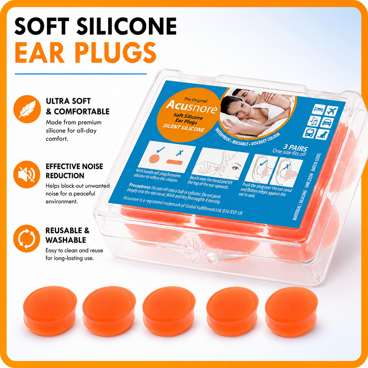 Acusnore Soft Silicone Ear Plugs for Better Sleep- 6 Pack For Premium Noise Reduction & Comfort