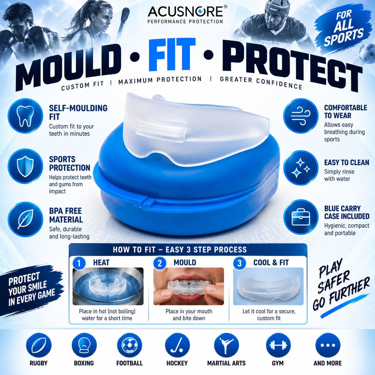 Glamza Self-Moulding Sports Gum Shield with Blue Carry Case – Mouth Guard for Rugby, Boxing, Football & Contact Sports