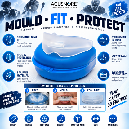 Glamza Self-Moulding Sports Gum Shield with Blue Carry Case – Mouth Guard for Rugby, Boxing, Football & Contact Sports