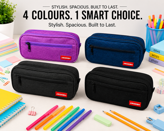 Aroosh All Ages Premium Quality Pencil Cases – Spacious, Durable & Stylish - Triple Pocket & 4 Colours!