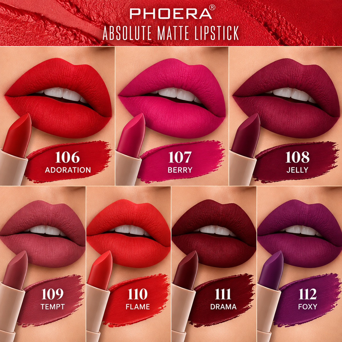 PHOERA Absolute Matte Lipstick – Long Lasting, Highly Pigmented Velvety Lip Colour – 7 Shades