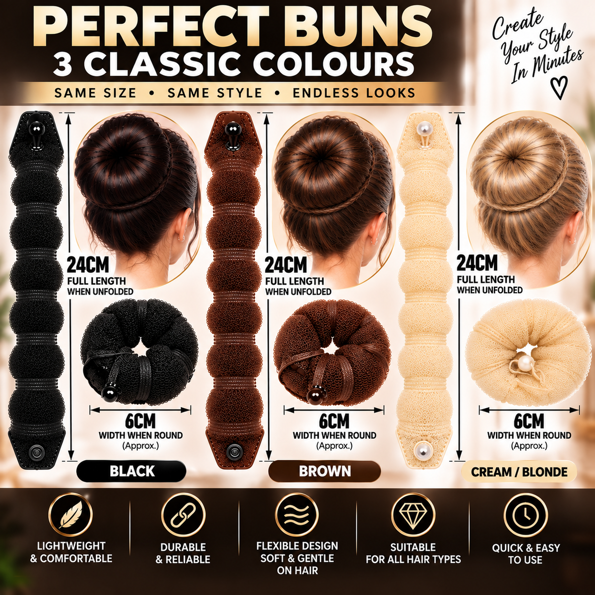 Hair So Hair Bun Rolls – Effortless Updo Styling in Black, Brown, or Blonde - 24cm x 6cm
